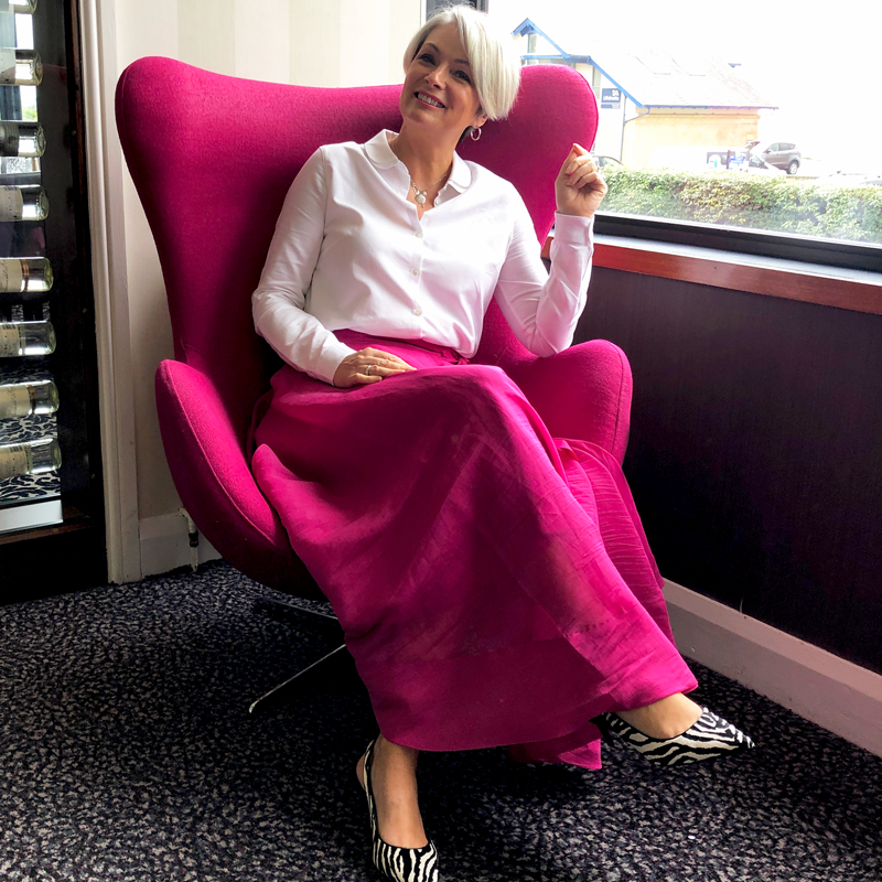 Midlifechic pink midi skirt, white blouse