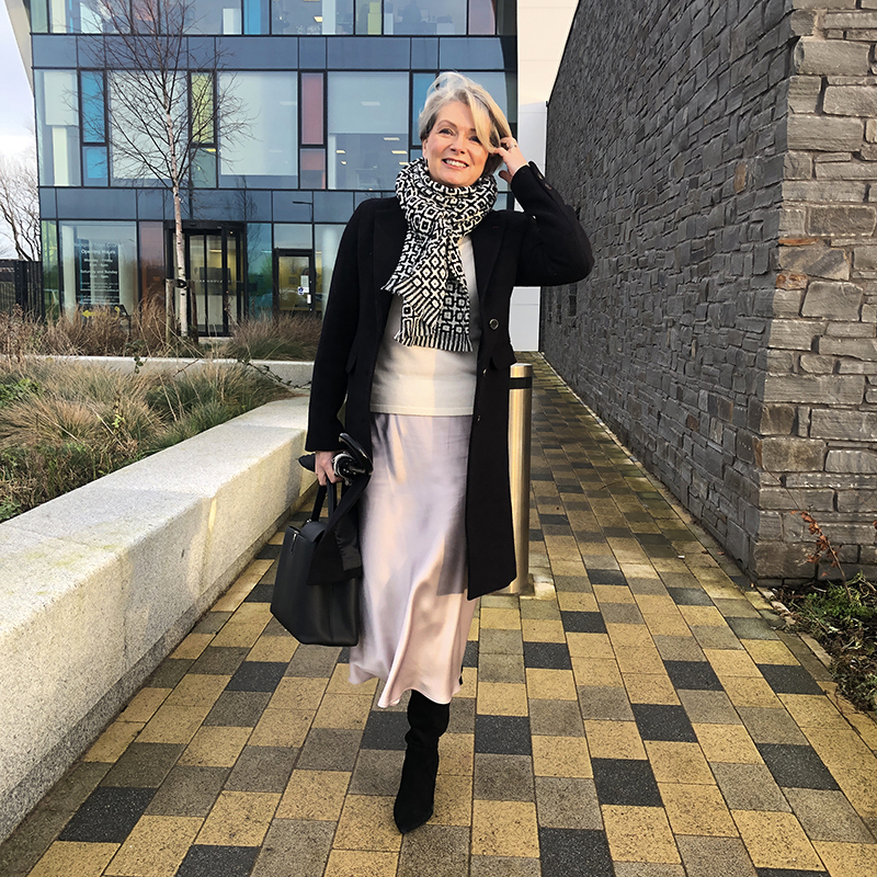 Midlifechic satin skirt outfit