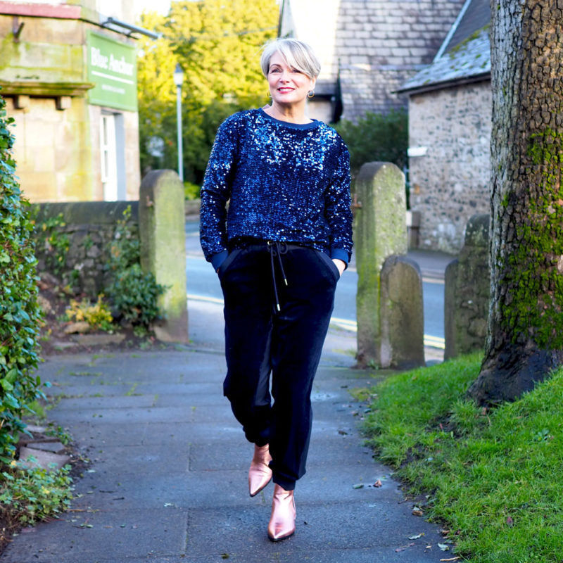 Midlifechic blue sequin and velvet outfit Christmas 2020